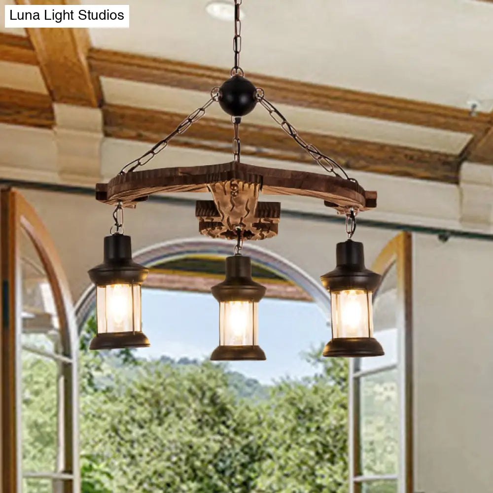 Rustic 3-Light Brown Anchor Chandelier Pendant With Wood And Metal Lantern Shade – Loft Style