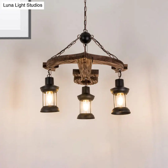 Rustic 3-Light Brown Anchor Chandelier Pendant With Wood And Metal Lantern Shade – Loft Style