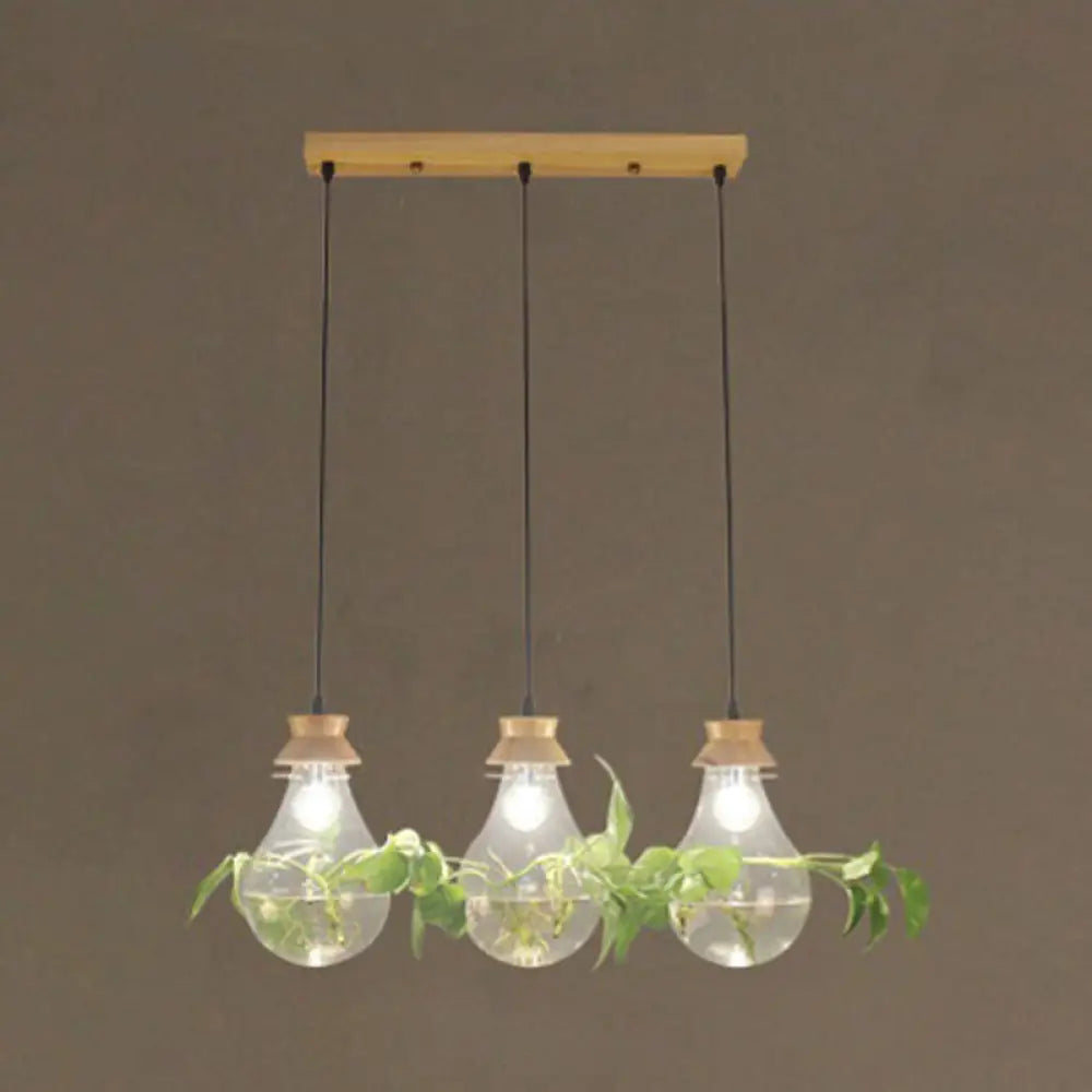 Rustic 3-Light Bulb-Shaped Glass Pendant For Restaurants And Planters 3 / Wood Linear