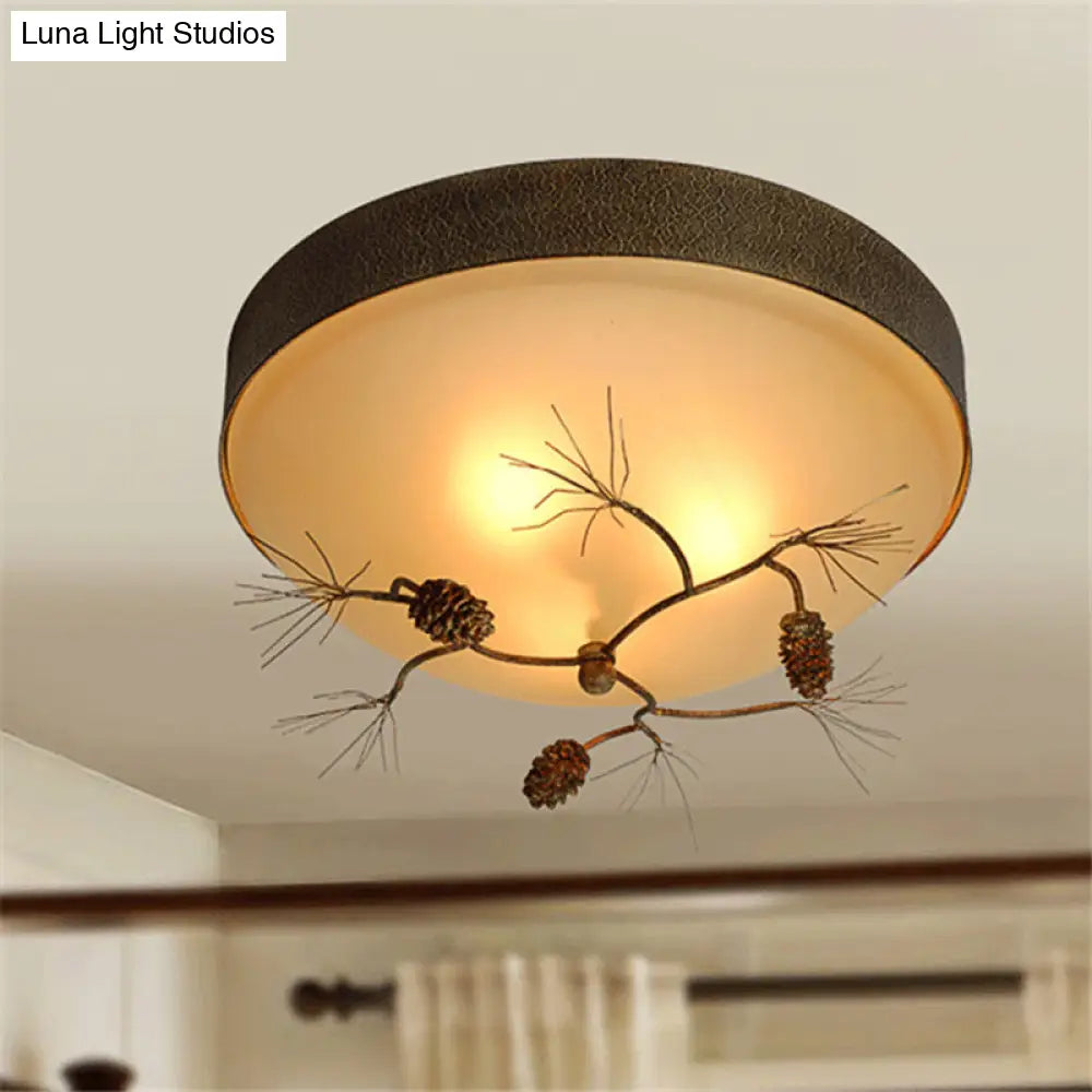 Rustic 3 - Light Ceiling Mount With Frosted Glass Bowl For Corridor - Pinecone Accent Included