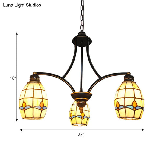 Rustic 3-Light Magnolia Chandelier With Oval Beige Glass Shade