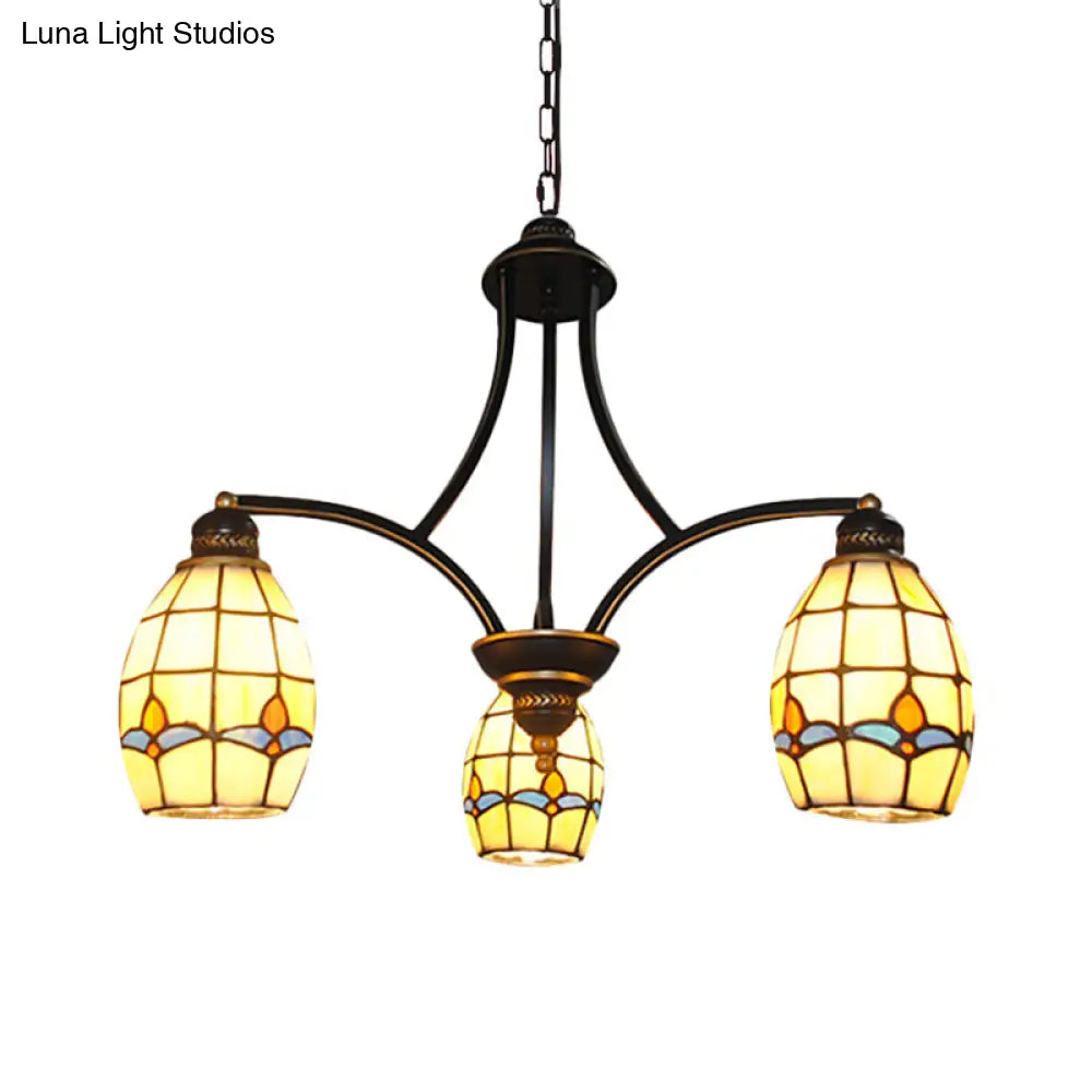 Rustic 3-Light Magnolia Chandelier With Oval Beige Glass Shade