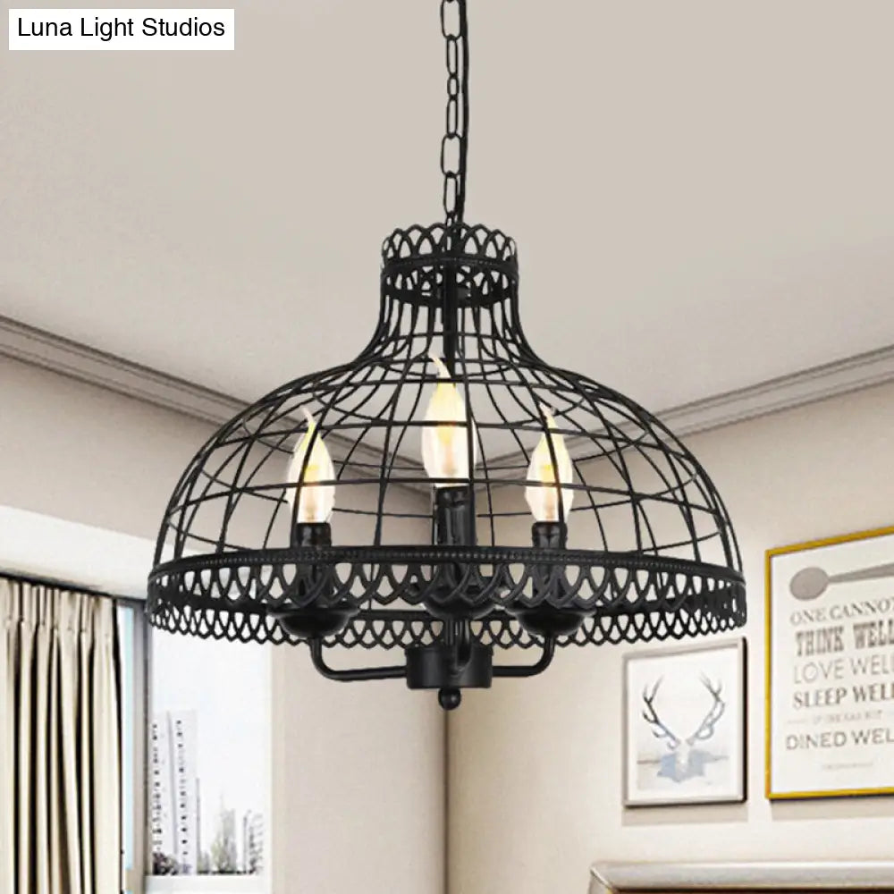 Industrial Retro 3-Light Ceiling Lamp With Metallic Dome Cage Shade - Farmhouse Candle Fixture In