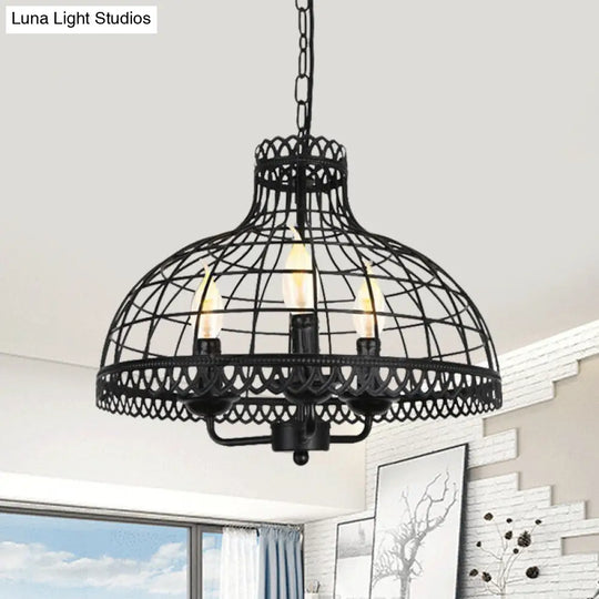 Industrial Retro 3-Light Ceiling Lamp With Metallic Dome Cage Shade - Farmhouse Candle Fixture In