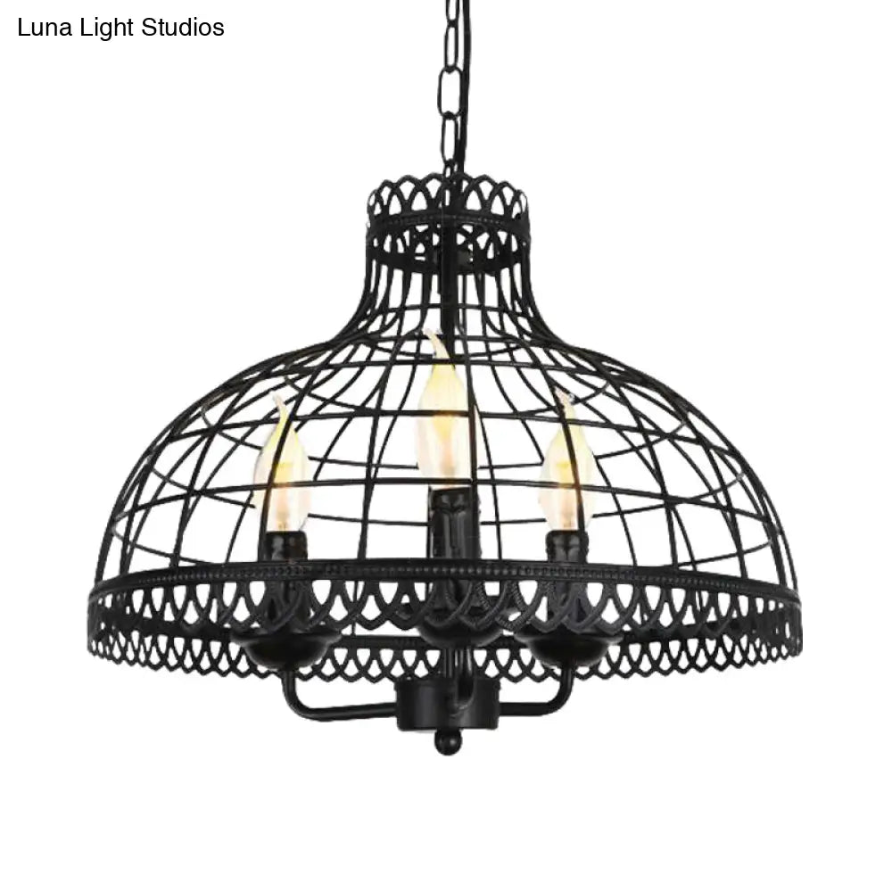 Industrial Retro 3-Light Ceiling Lamp With Metallic Dome Cage Shade - Farmhouse Candle Fixture In