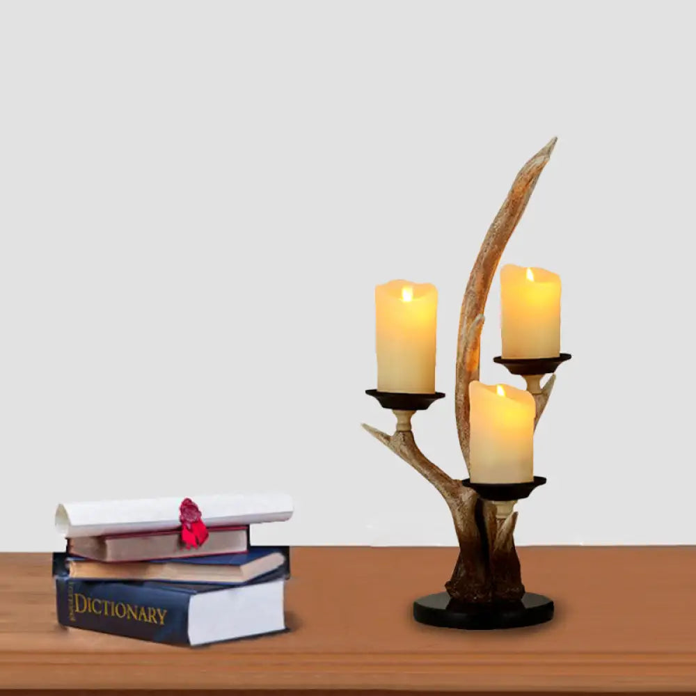 Rustic 3-Light Resin Desk Lamp For Bedroom - Country Style Candle Reading Light In Wood With Antlers