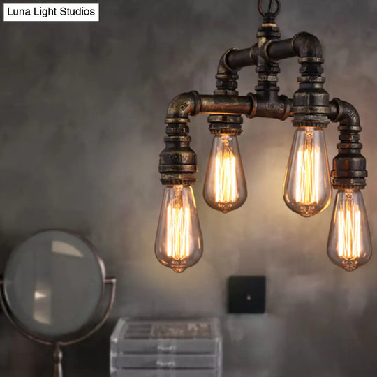 Rustic Industrial Chandelier With 4 Bulb Pendant Lights & Iron Pipes