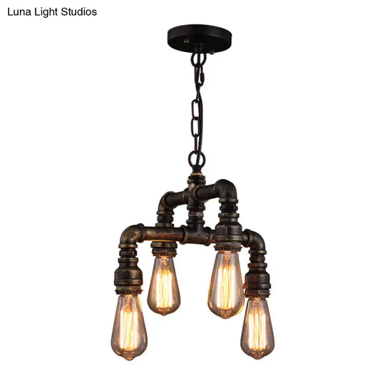 Rustic Industrial Chandelier With 4 Bulb Pendant Lights & Iron Pipes