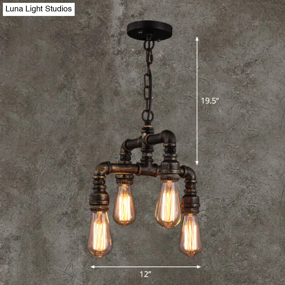 Rustic Industrial Chandelier With 4 Bulb Pendant Lights & Iron Pipes Bronze