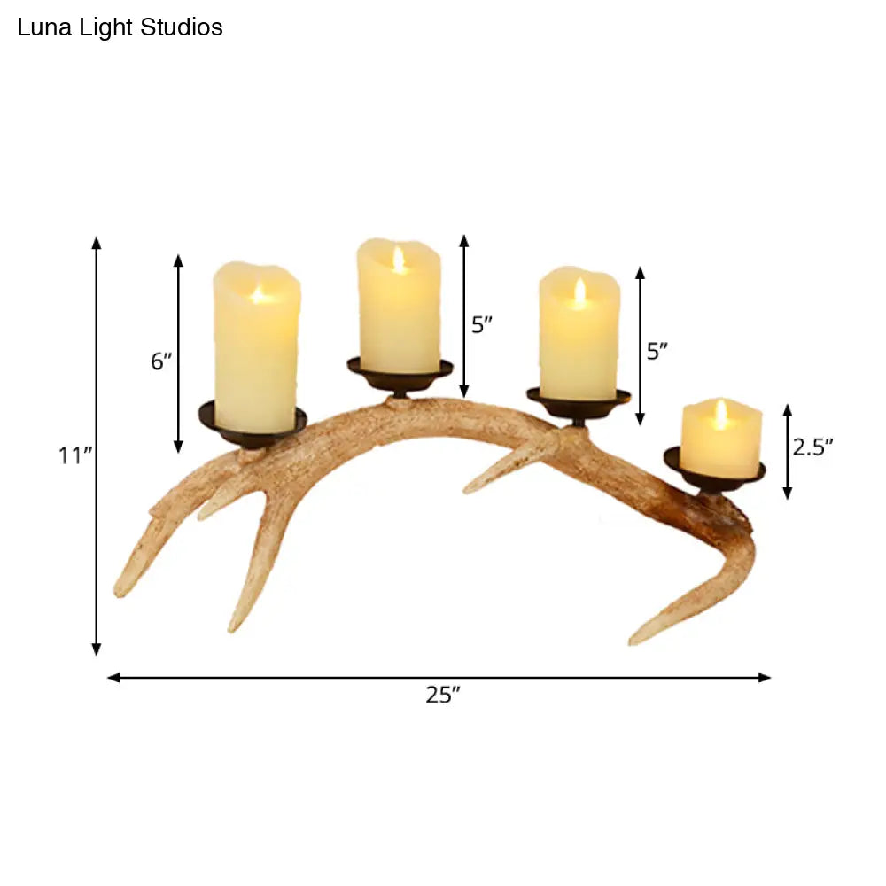 Rustic 4-Light Candle Resin Table Lamp With Antler Design For Bedroom - Wood Finish