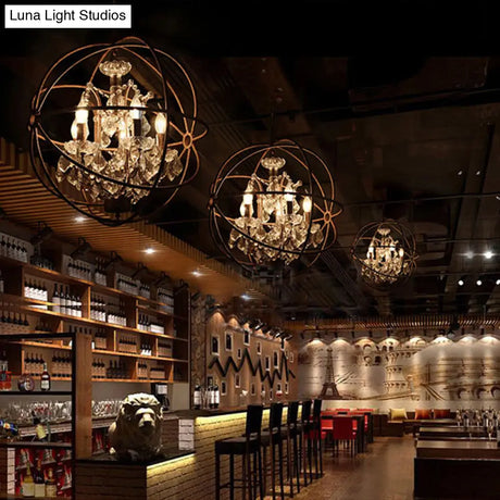 Rustic 4-Light Wrought Iron Chandelier Pendant With Crystal Deco For Restaurants