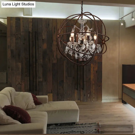 Rustic 4-Light Wrought Iron Chandelier Pendant With Crystal Deco For Restaurants