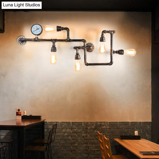 Rustic 5-Bulb Water Pipe Iron Wall Lamp With Pressure Gauge - Perfect For Restaurants