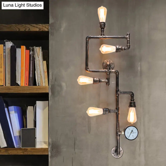 Rustic 5-Bulb Water Pipe Iron Wall Lamp With Pressure Gauge - Perfect For Restaurants