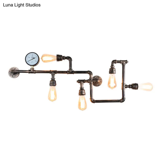 Rustic 5-Bulb Water Pipe Iron Wall Lamp With Pressure Gauge - Perfect For Restaurants