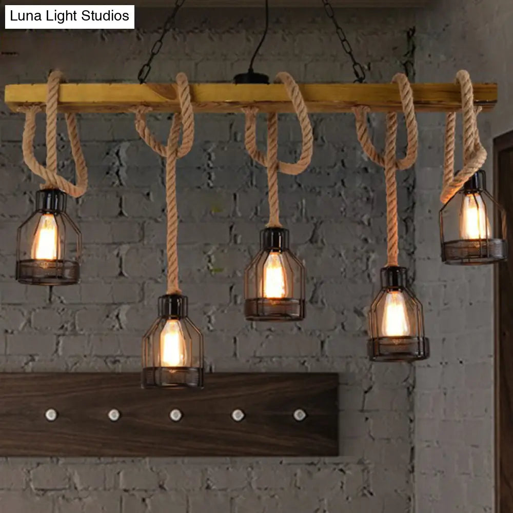 Rustic 5-Head Wood Dangling Island Pendant Light With Cage Restaurant Ceiling Fixture