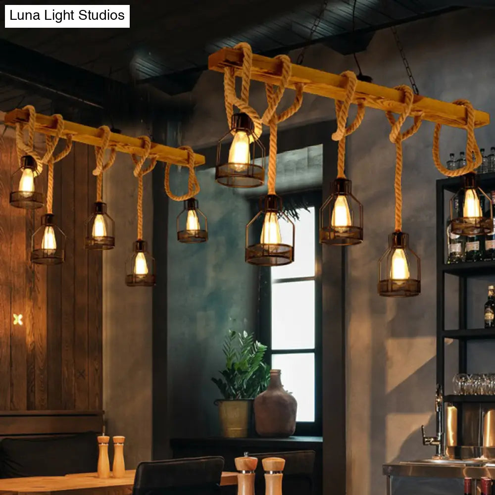 Rustic 5-Head Wood Dangling Island Pendant Light With Cage Restaurant Ceiling Fixture