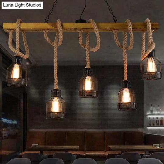 Rustic 5-Head Wood Dangling Island Pendant Light With Cage Restaurant Ceiling Fixture