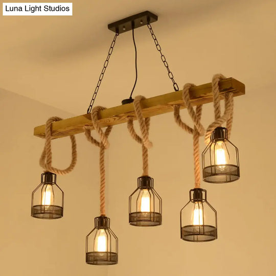 Rustic 5-Head Wood Dangling Island Pendant Light With Cage Restaurant Ceiling Fixture