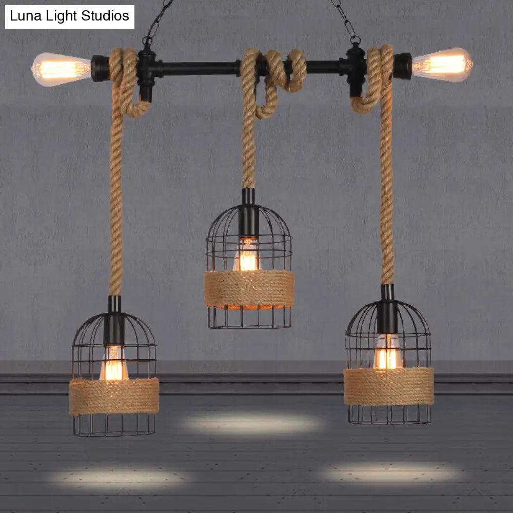 Rustic 5-Light Black Birdcage Island Pendant For Dining Rooms