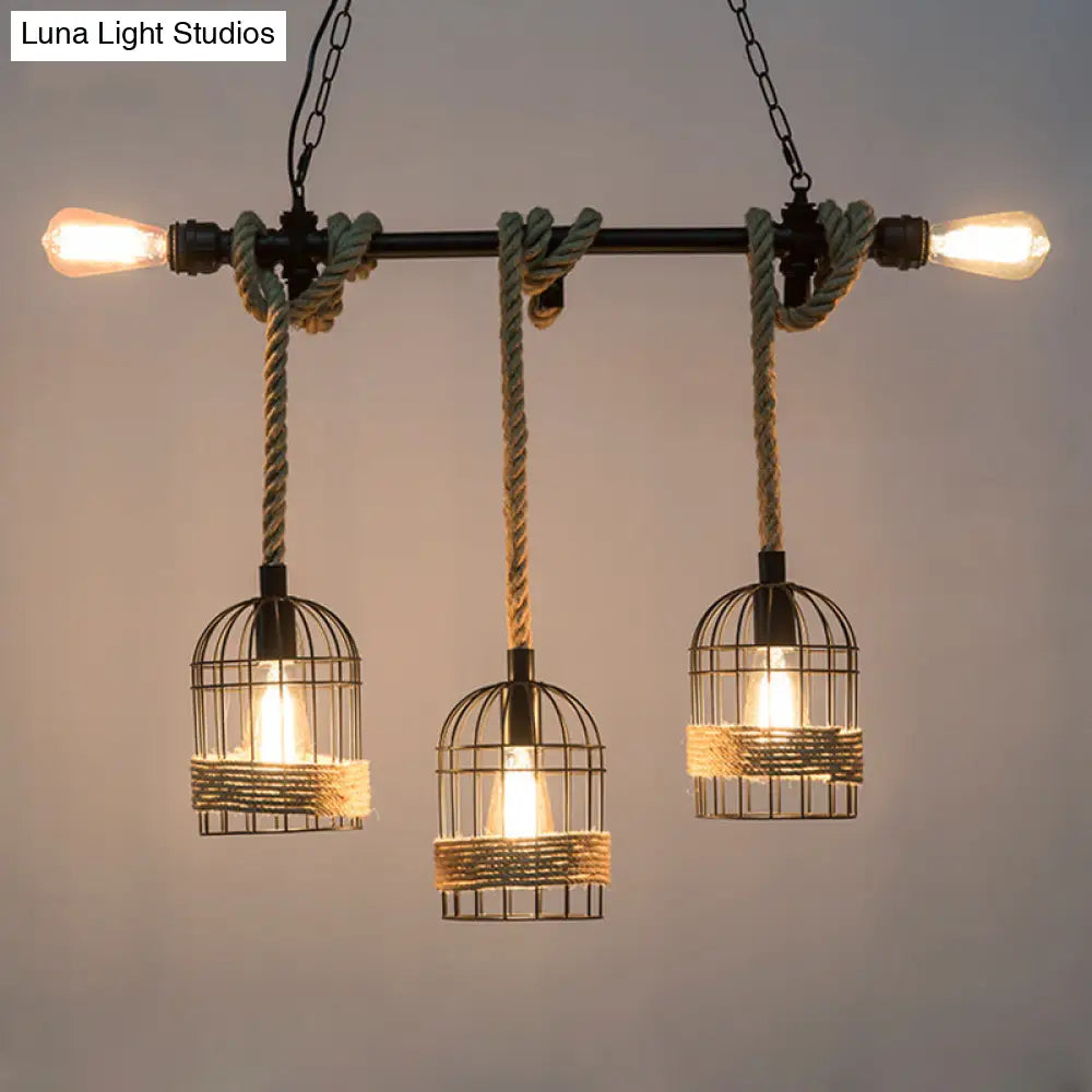 Rustic 5-Light Black Birdcage Island Pendant For Dining Rooms