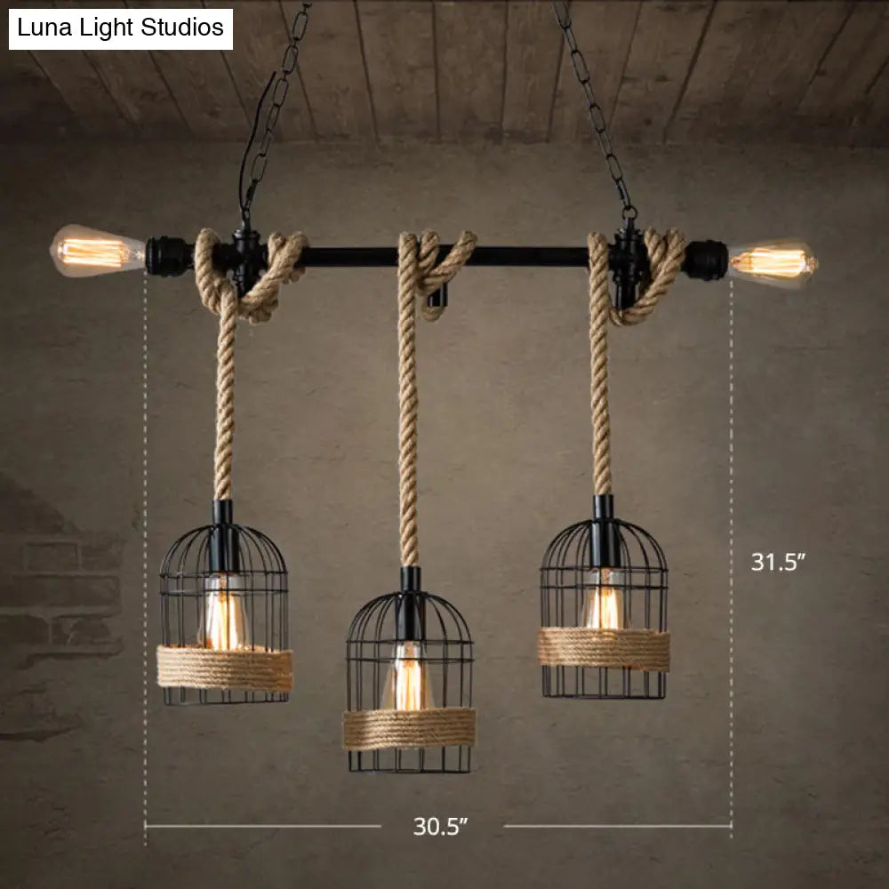 Rustic 5-Light Black Birdcage Island Pendant For Dining Rooms