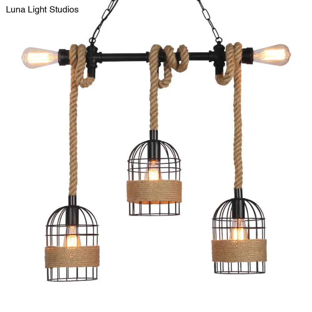 Rustic 5-Light Black Birdcage Island Pendant For Dining Rooms