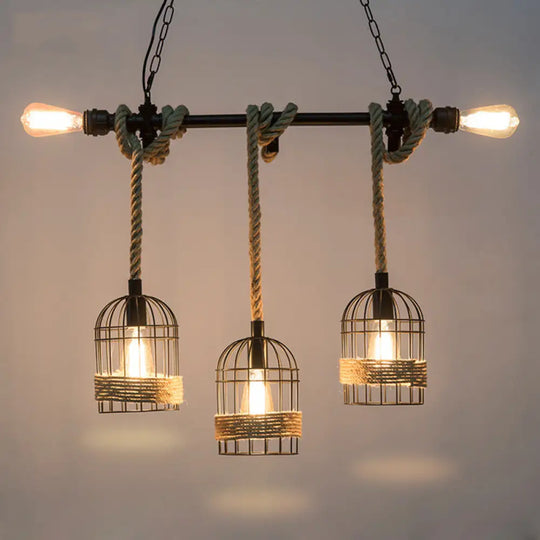 Rustic 5-Light Black Birdcage Island Pendant For Dining Rooms