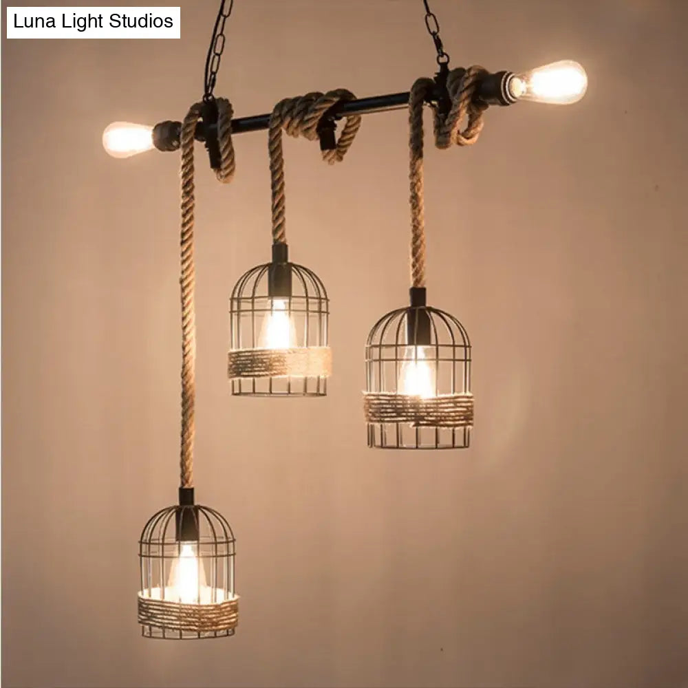 Rustic 5-Light Black Birdcage Island Pendant For Dining Rooms