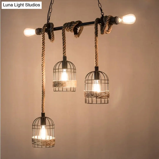 Rustic 5-Light Black Birdcage Island Pendant For Dining Rooms