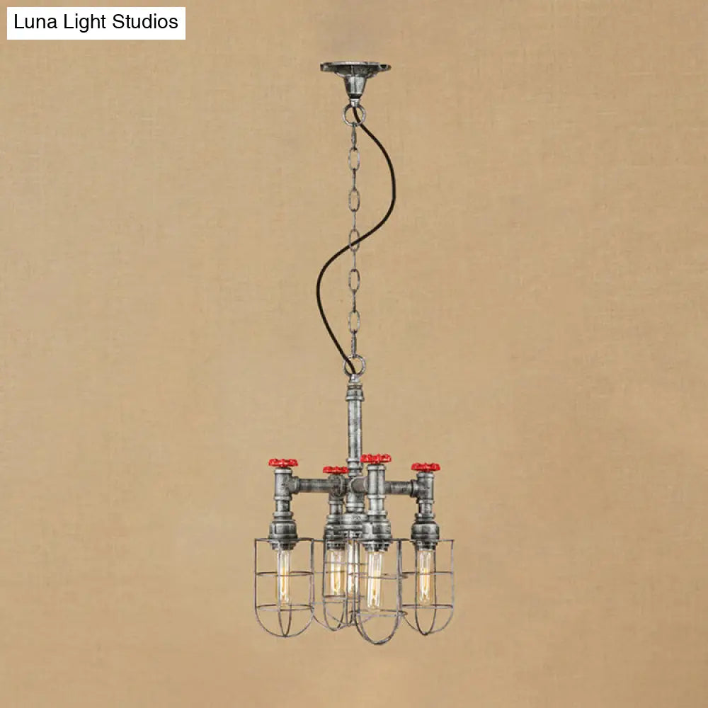 5-Light Chandelier Lamp With Rustic Wire Frame And Red Valve Metal Indoor Pendant Light Fixture In