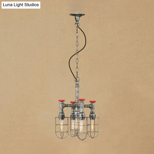 5-Light Chandelier Lamp With Rustic Wire Frame And Red Valve Metal Indoor Pendant Light Fixture In