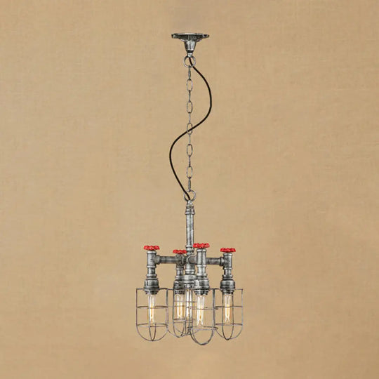 Rustic 5-Light Chandelier Lamp - Wire Frame Red Valve Metal Aged Silver/Bronze Silver