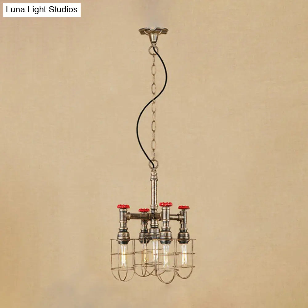 5-Light Chandelier Lamp With Rustic Wire Frame And Red Valve Metal Indoor Pendant Light Fixture In