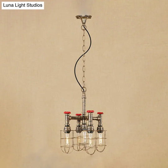 5-Light Chandelier Lamp With Rustic Wire Frame And Red Valve Metal Indoor Pendant Light Fixture In