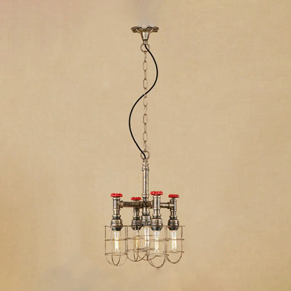 Rustic 5-Light Chandelier Lamp - Wire Frame Red Valve Metal Aged Silver/Bronze Bronze