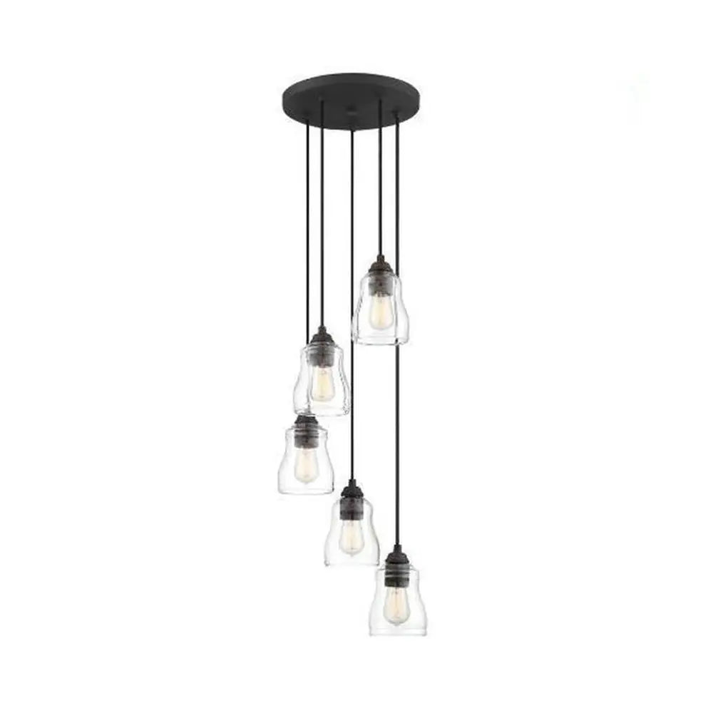 Rustic 5-Light Clear Glass Multi Pendant Hanging Light For Dining Room With Curved Shade And Round