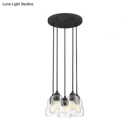 Rustic 5-Light Clear Glass Multi Pendant Hanging Light For Dining Room With Curved Shade And Round