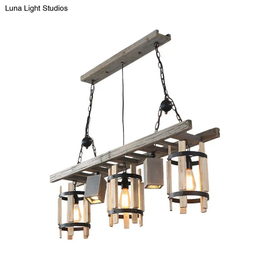 Rustic 5-Light Farmhouse Pendant With Wood Cylinder Frame - Grey/Brown