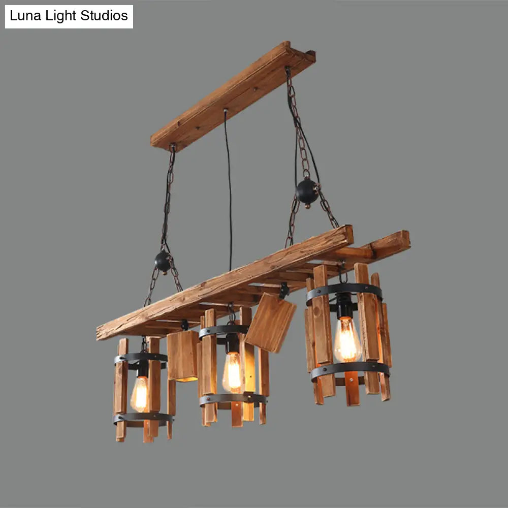 Rustic 5-Light Farmhouse Pendant With Wood Cylinder Frame - Grey/Brown