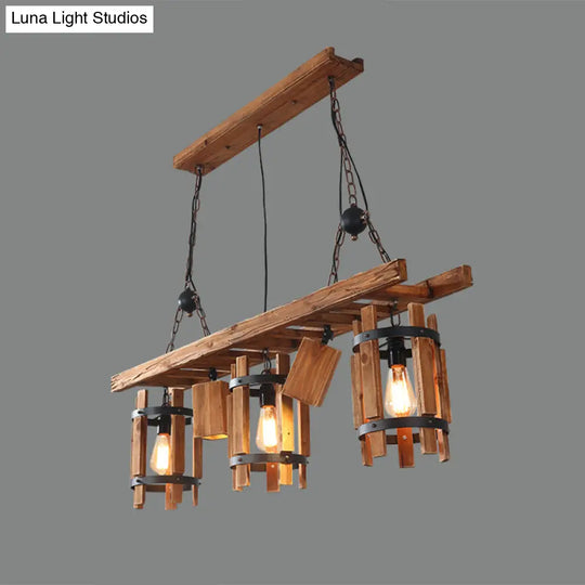 Rustic 5-Light Farmhouse Pendant With Wood Cylinder Frame - Grey/Brown