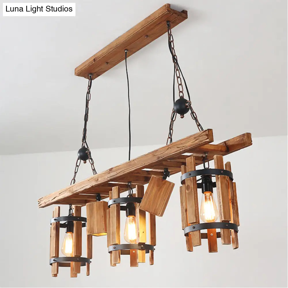 Rustic 5-Light Farmhouse Pendant With Wood Cylinder Frame - Grey/Brown