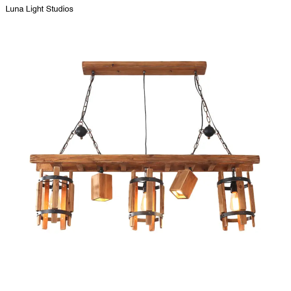 Rustic 5-Light Farmhouse Pendant With Wood Cylinder Frame - Grey/Brown