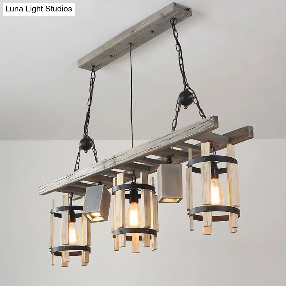 Rustic 5-Light Farmhouse Pendant With Wood Cylinder Frame - Grey/Brown