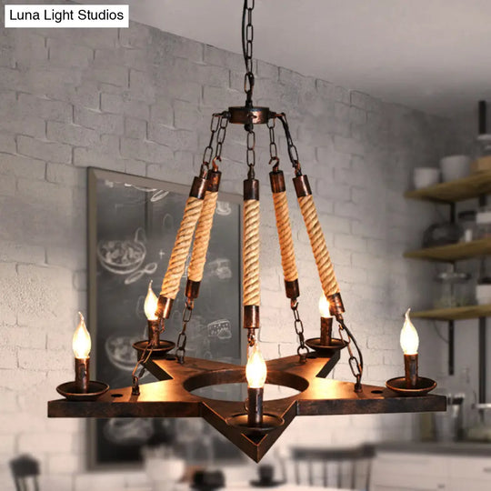 Rustic 5-Light Metallic Star Chandelier Pendant Lamp For Restaurants With Open Bulb