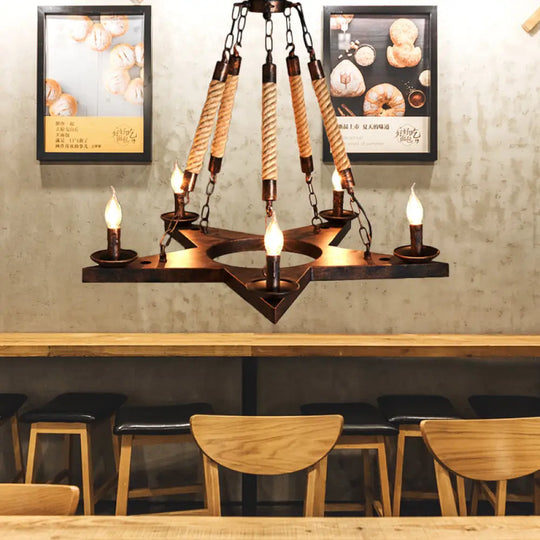 Rustic 5-Light Metallic Star Chandelier Pendant Lamp For Restaurants With Open Bulb Rust