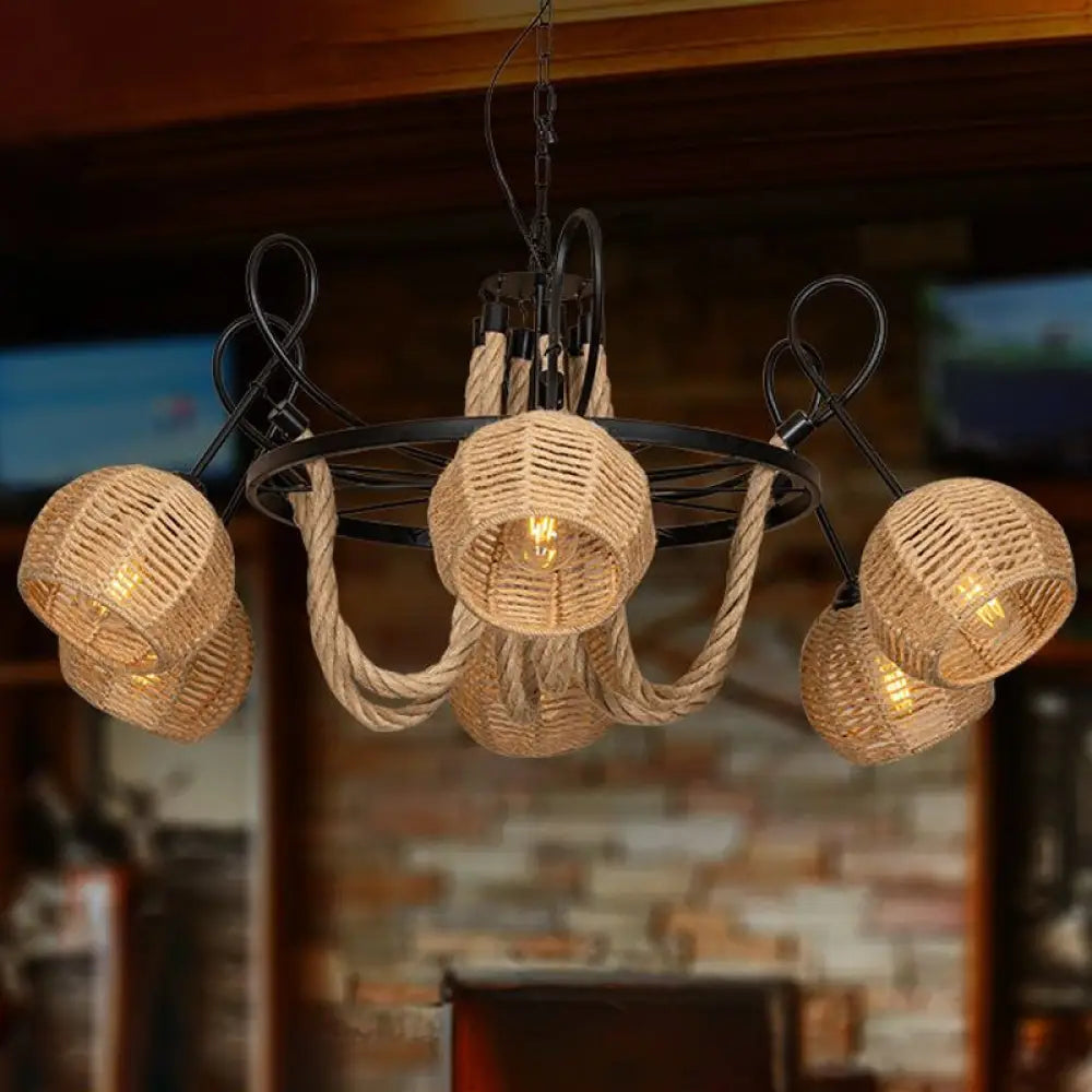 Rustic 6-Head Iron Chandelier With Brown Roped Dome Shade