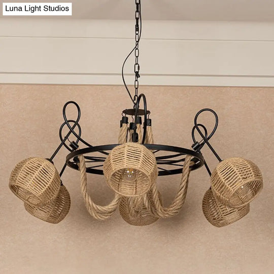 Rustic 6-Head Iron Chandelier With Dome Roped Shade - Farmhouse Wheel Pendant Light In Brown