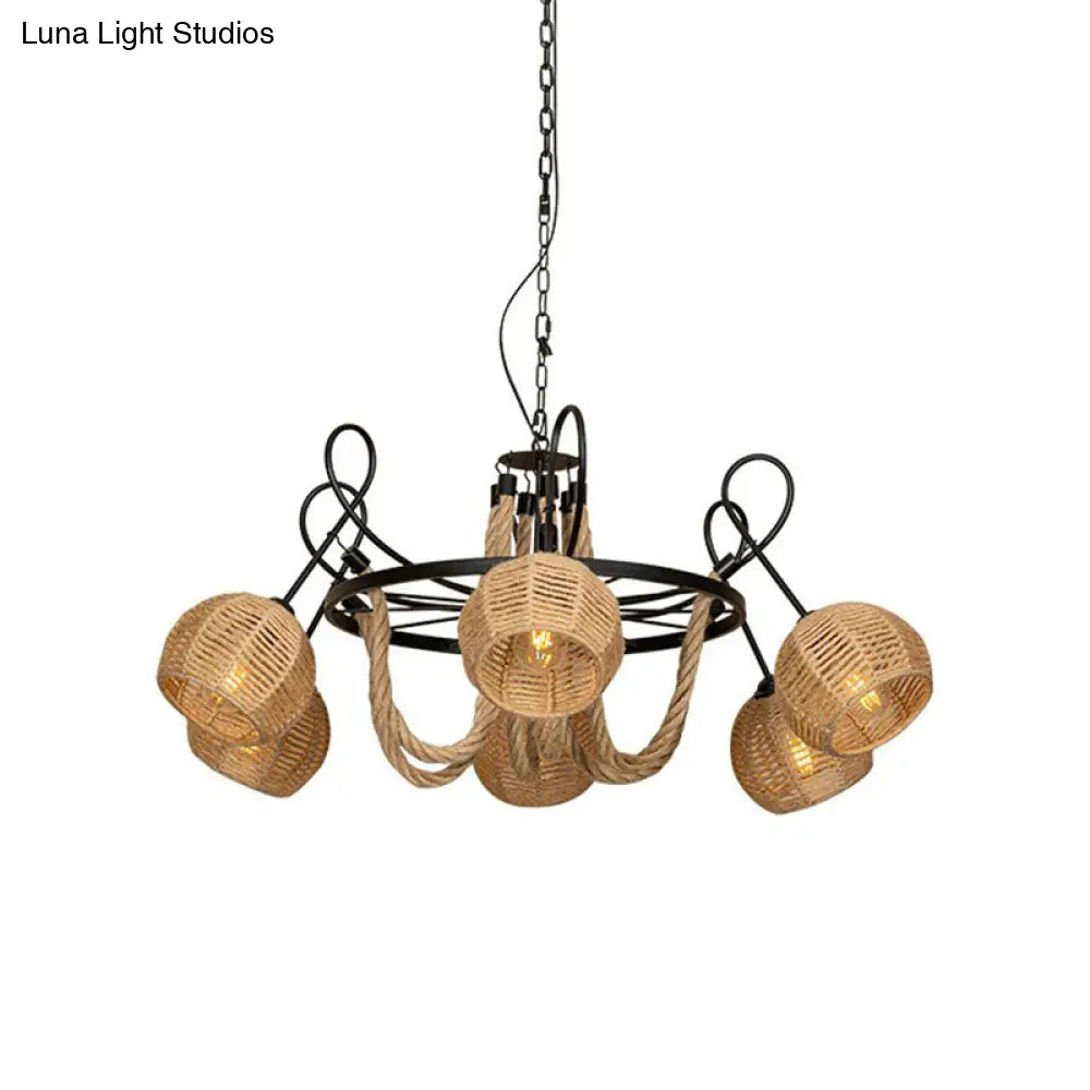 Rustic 6-Head Iron Chandelier With Brown Roped Dome Shade
