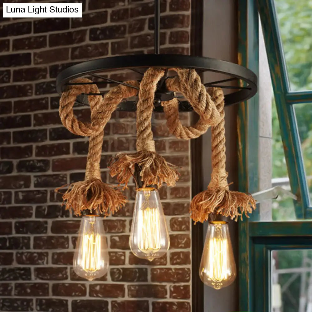 Rustic Rope Chandelier With Wheel Deco - Brown Open Bulb Design 6-Light Restaurant Hanging Lamp